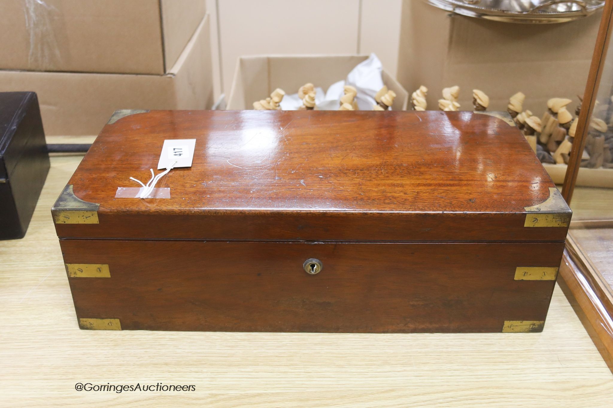 A Victorian brass bound mahogany writing slope, with burgundy leather, length 50cm